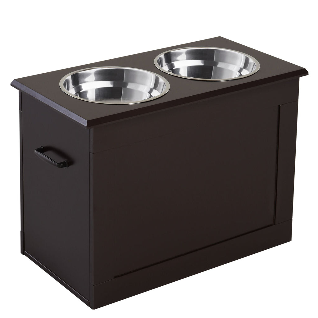 PawHut Raised Dog Feeding Station with Storage & 2 Stainless Steel Bowls – Dark Brown – front view