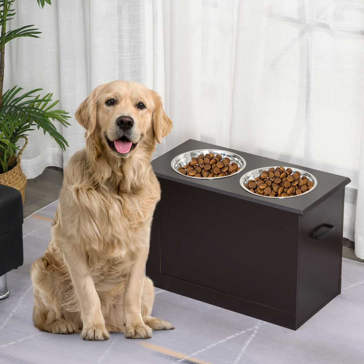 PawHut Raised Dog Feeding Station with Storage & 2 Stainless Steel Bowls – Dark Brown – alternate view 2