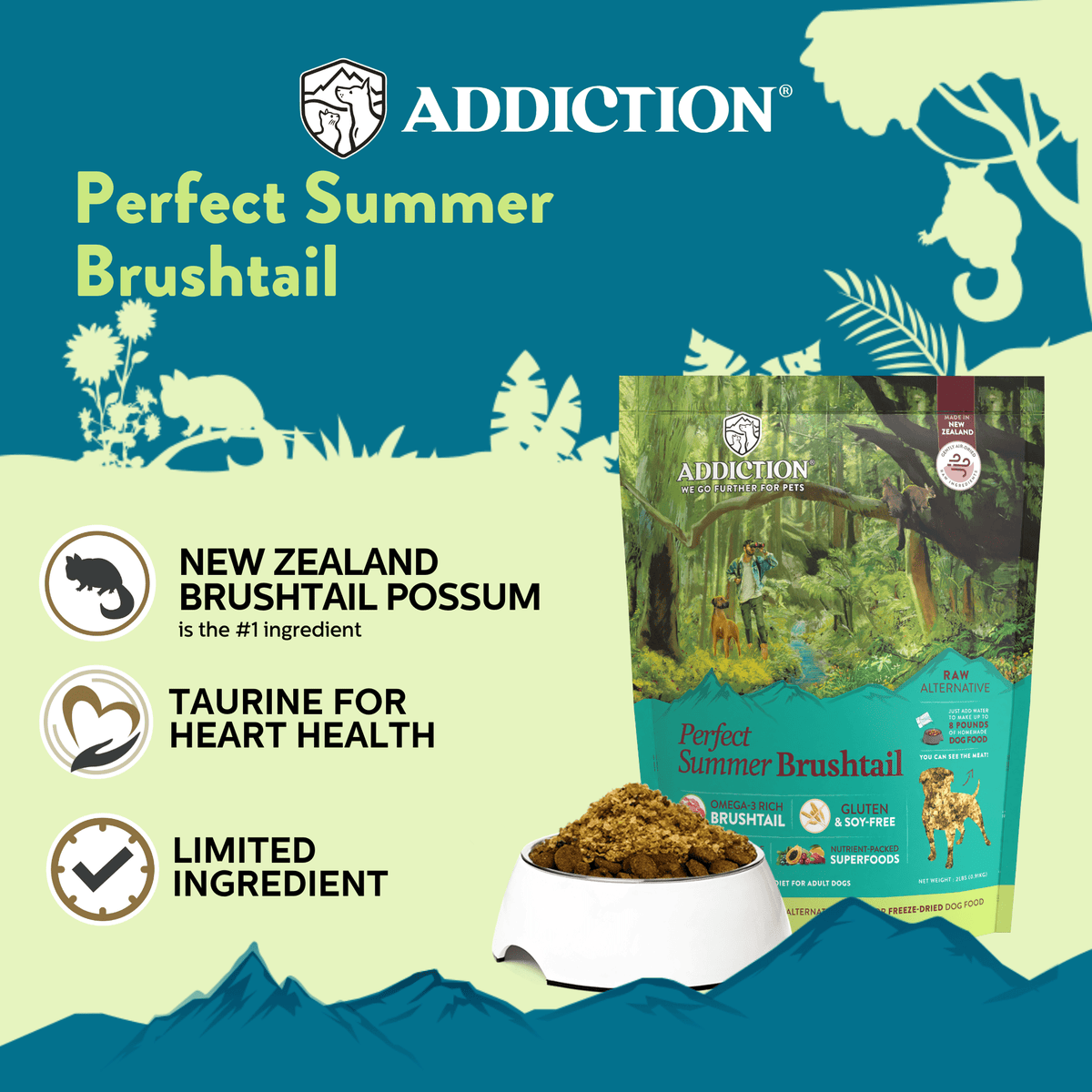 Perfect Summer Brushtail key benefits graphic with bowl of air-dried dog food