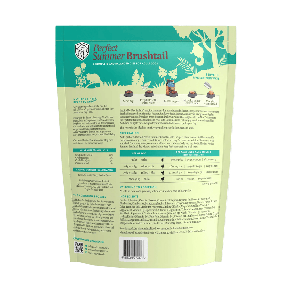 Perfect Summer Brushtail bag back panel with feeding guide, ingredients and guaranteed analysis