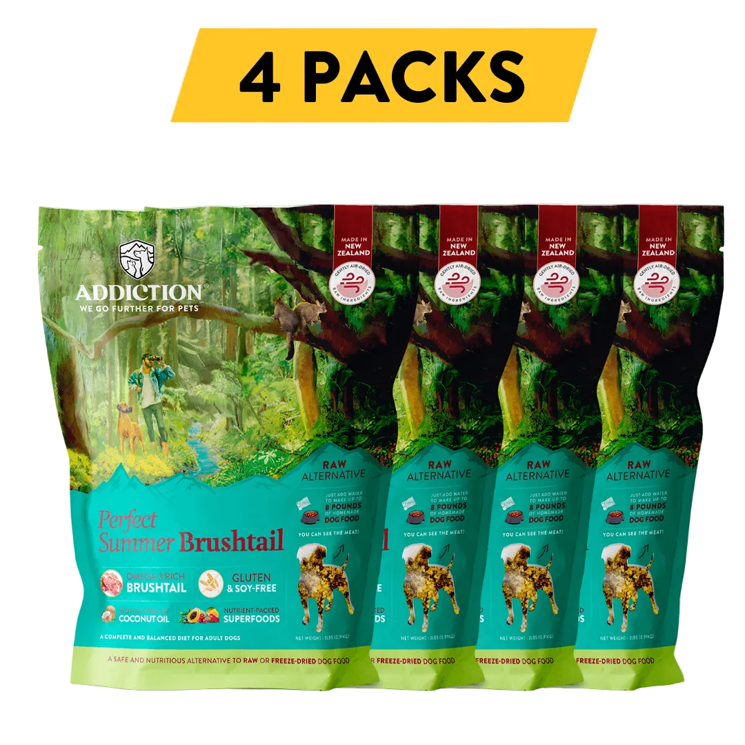 Four packs of Perfect Summer Brushtail air-dried dog food