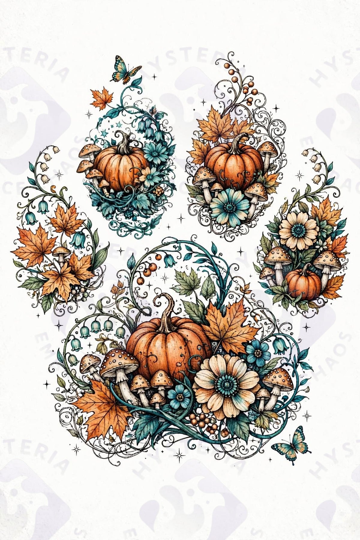 Autumn Harvest Paw – Pumpkin & Mushroom Fall Dog Digital Art