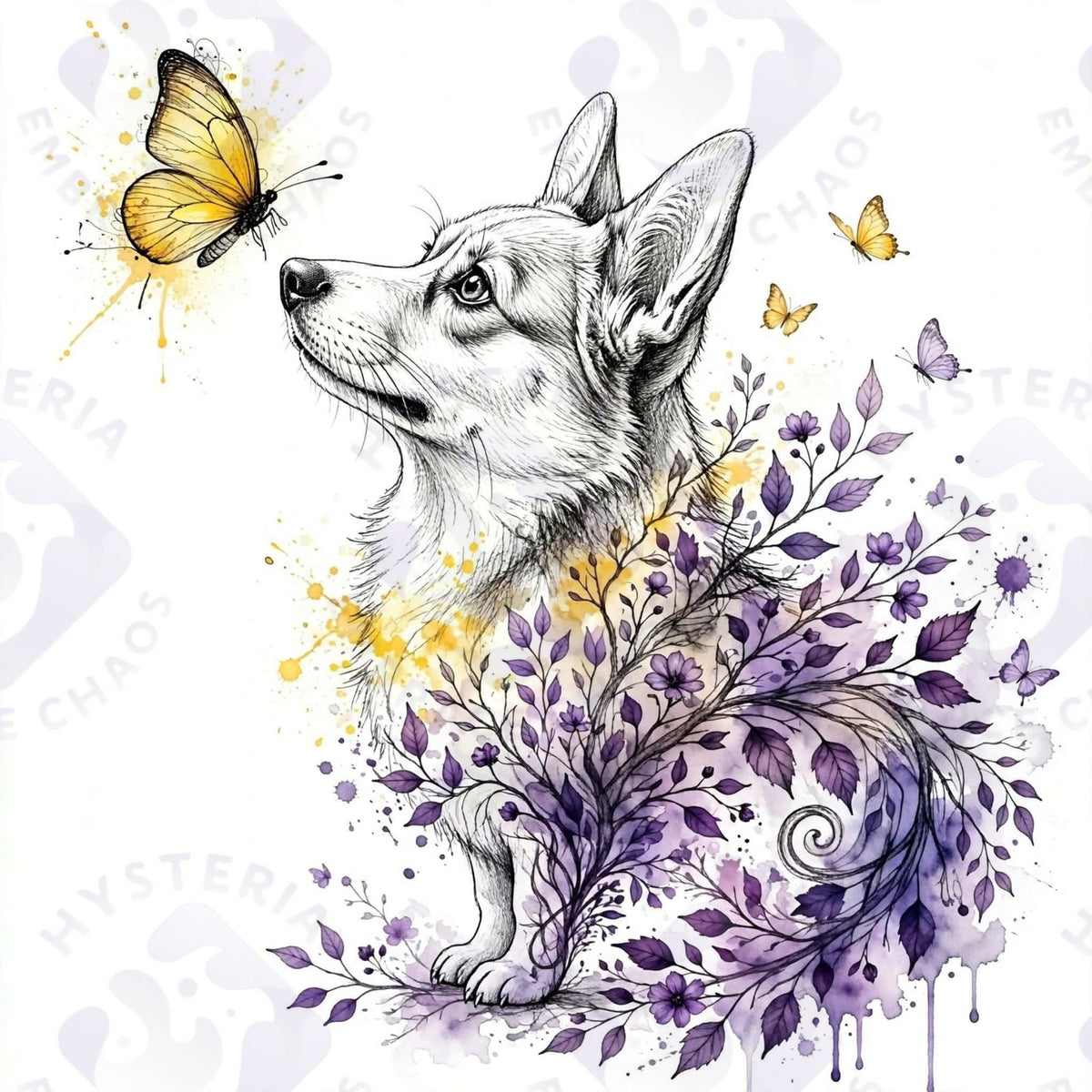 Corgi & the Butterfly — Hysteria digital dog art, watermarked preview