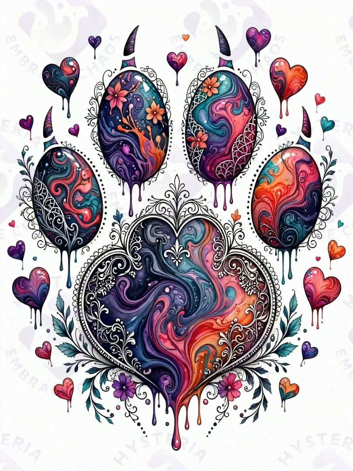 Dripping Heart Paw — Hysteria digital dog art, watermarked preview