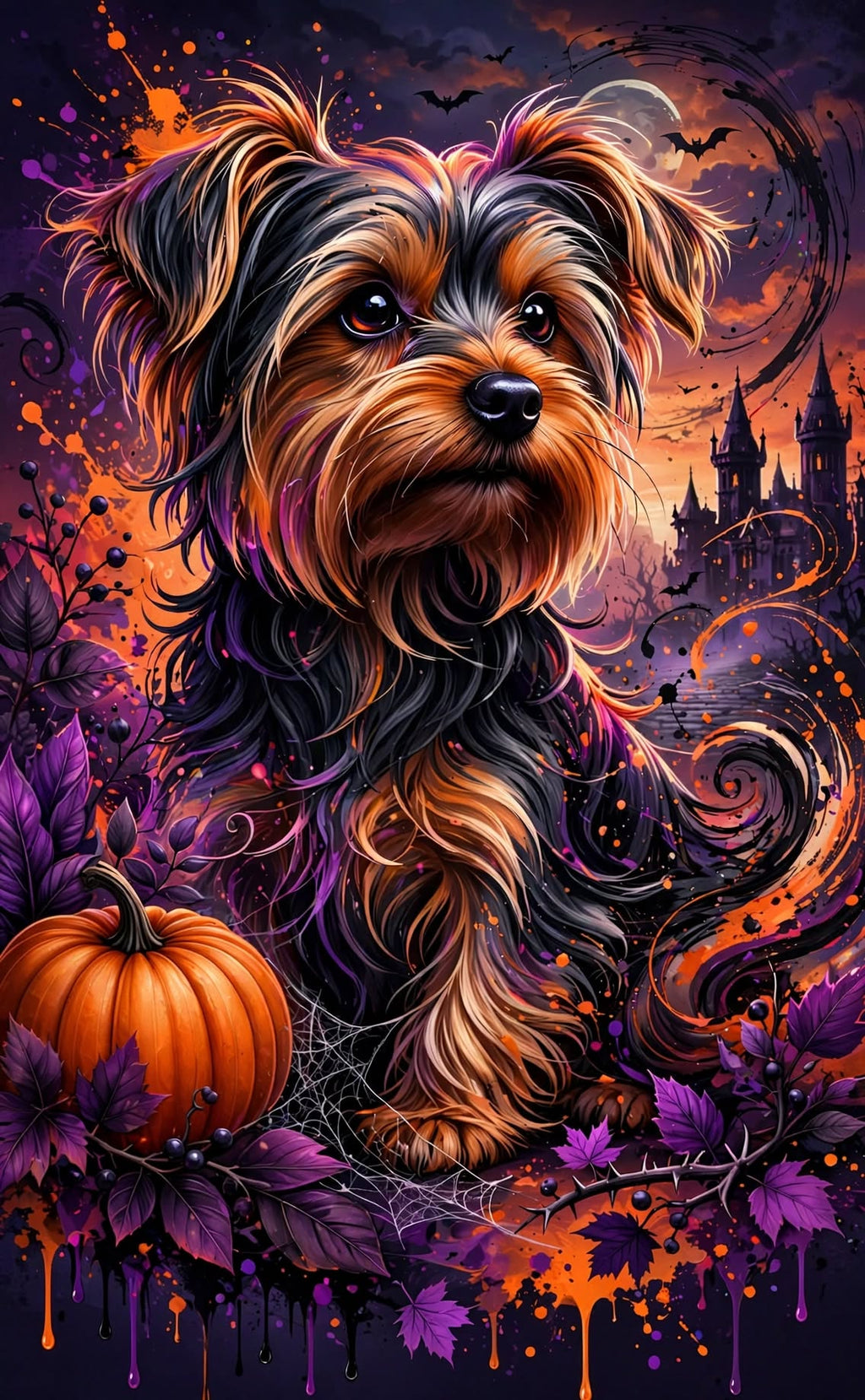 Haunted Night Yorkie – Halloween Castle Dog Digital Art
