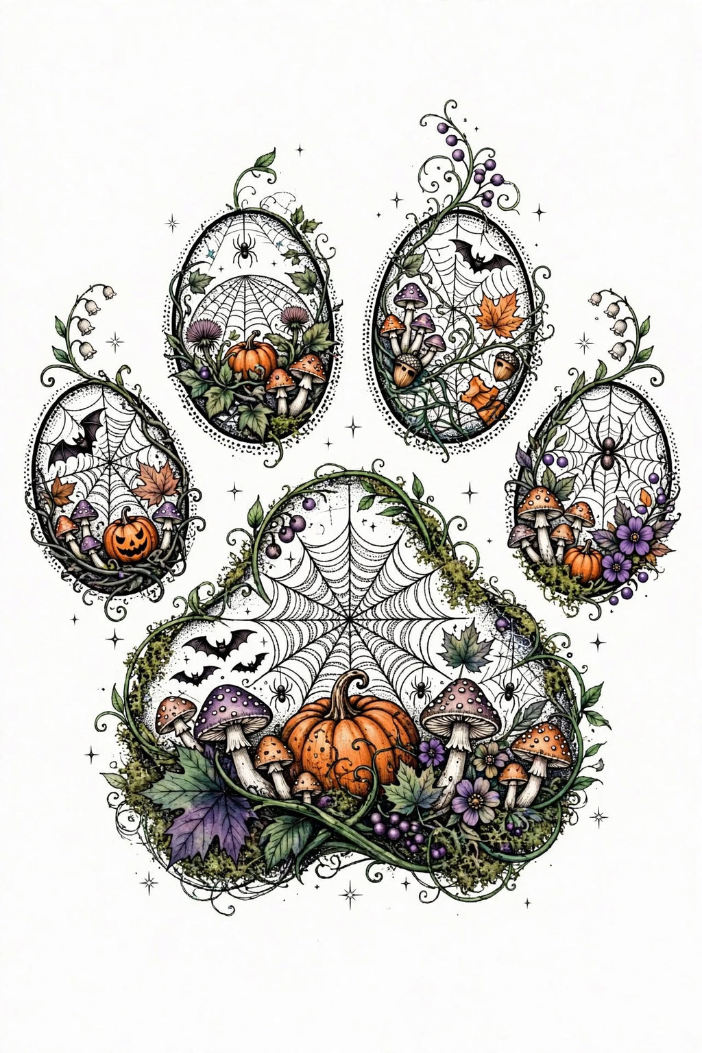 Spooky Web Paw – Halloween Spiderweb Pumpkin Dog Digital Art