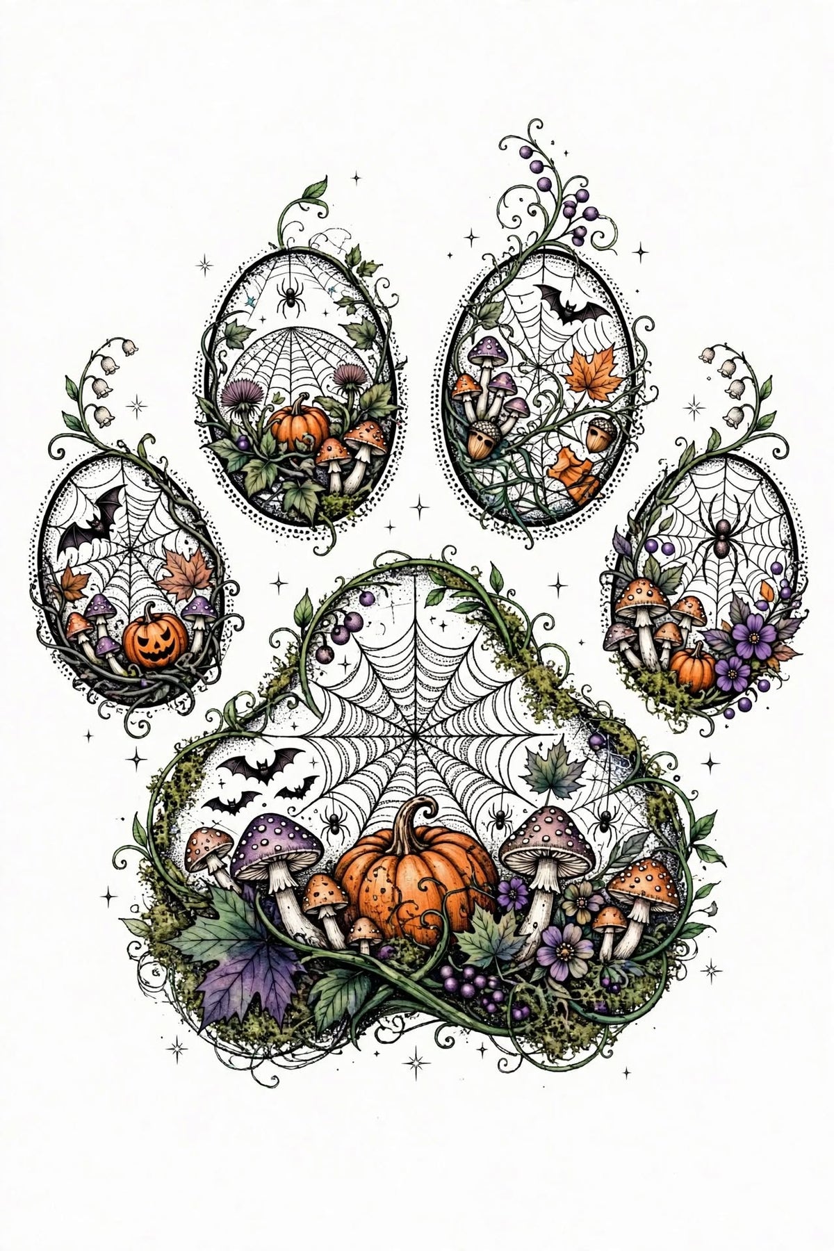 Spooky Web Paw – Halloween Spiderweb Pumpkin Dog Digital Art