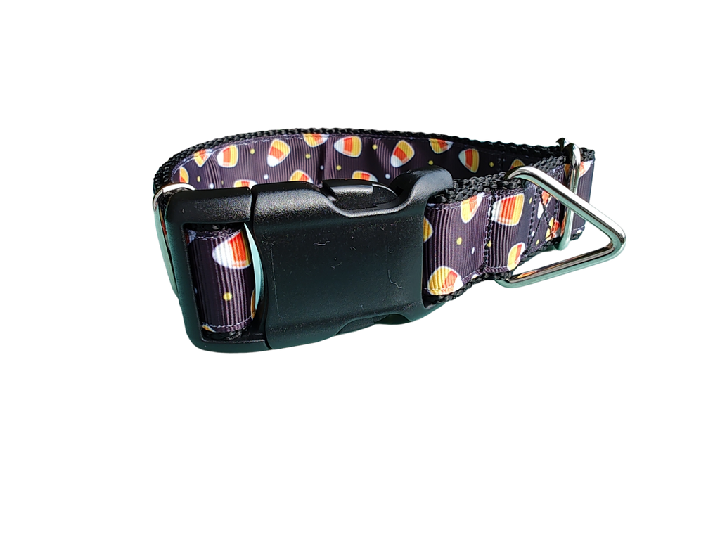 Candy corn Halloween dog collar on nylon webbing – detail view