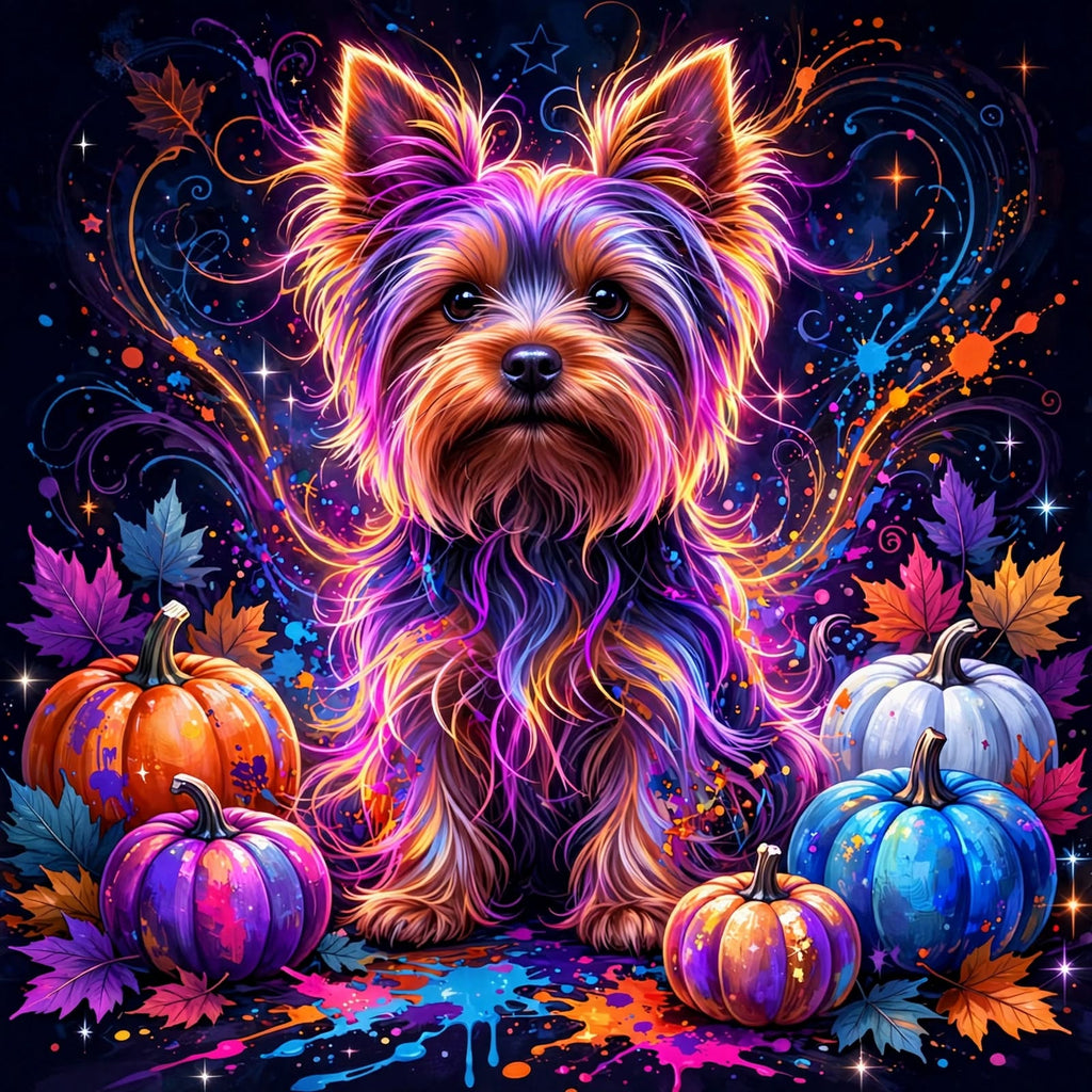 Neon Harvest Yorkie – Colorful Pumpkin Pup Digital Art