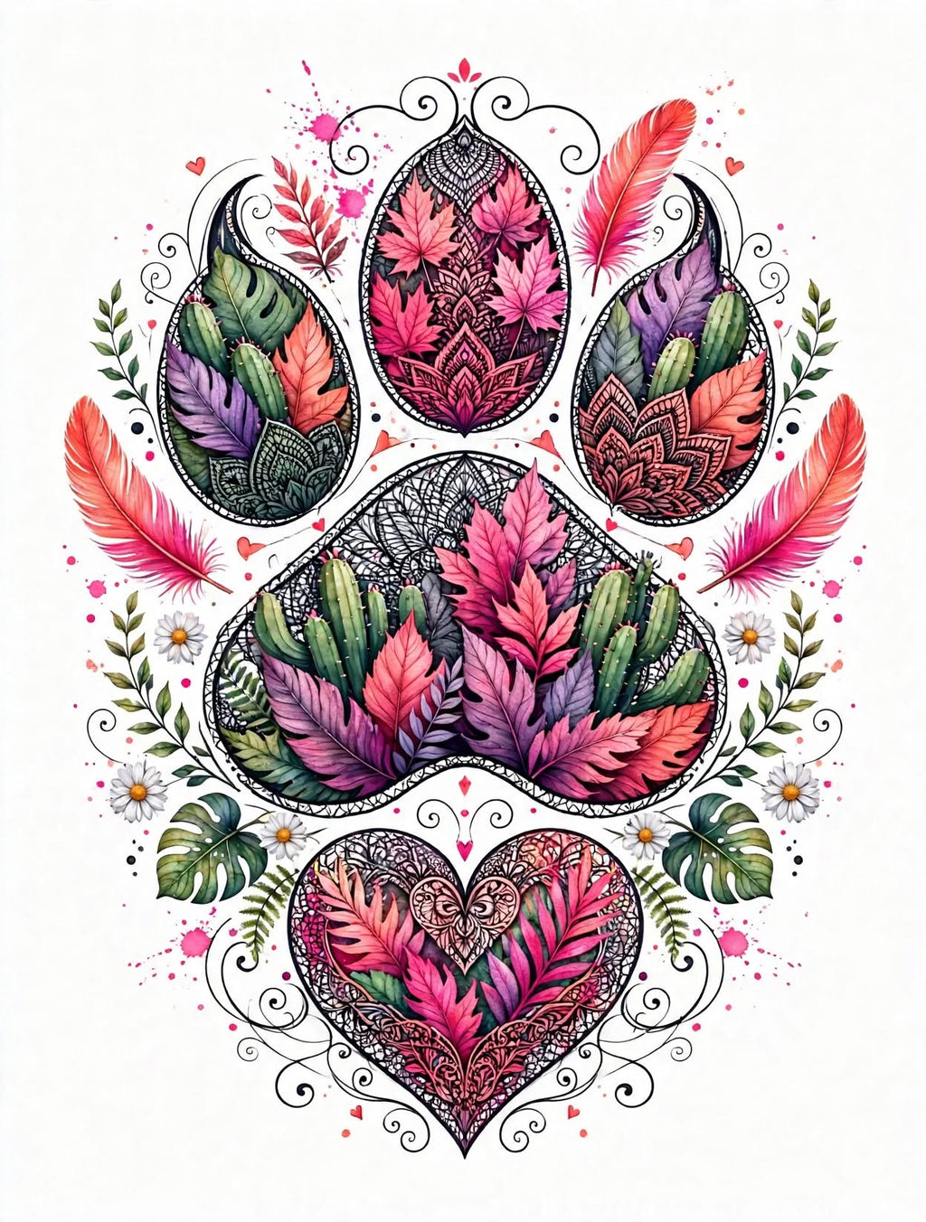 Tropical Bloom Paw – Pink Mandala Floral Dog Digital Art