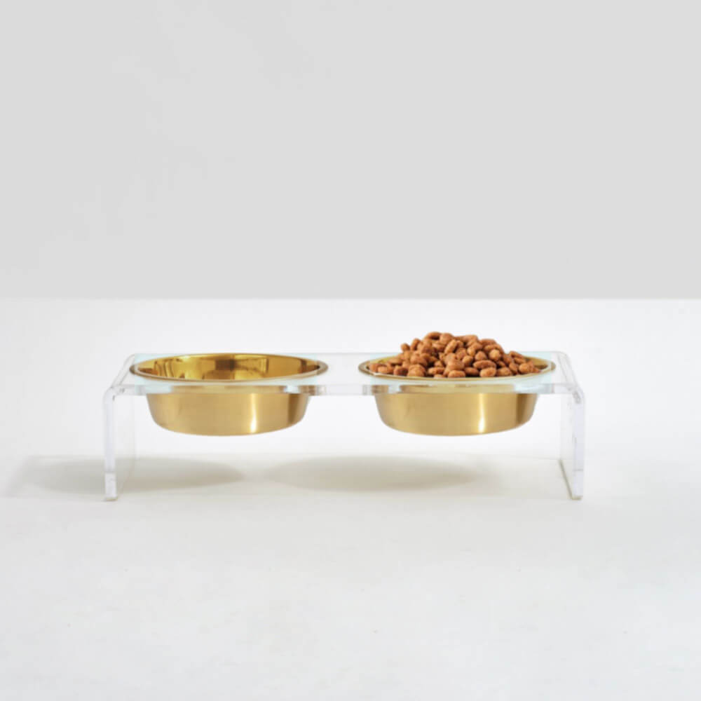 Hiddin Small Gold Feeder – Lucite Stand with Stainless Steel Bowls – front view