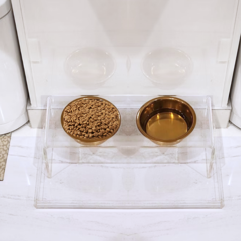 Hiddin Small Gold Feeder – Lucite Stand with Stainless Steel Bowls – alternate view 24