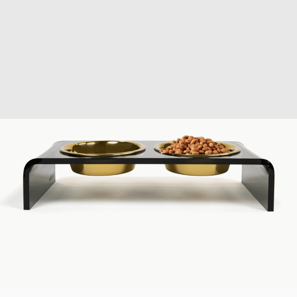 Hiddin Smoke Grey Lucite Feeder with Metal Bowls – front view