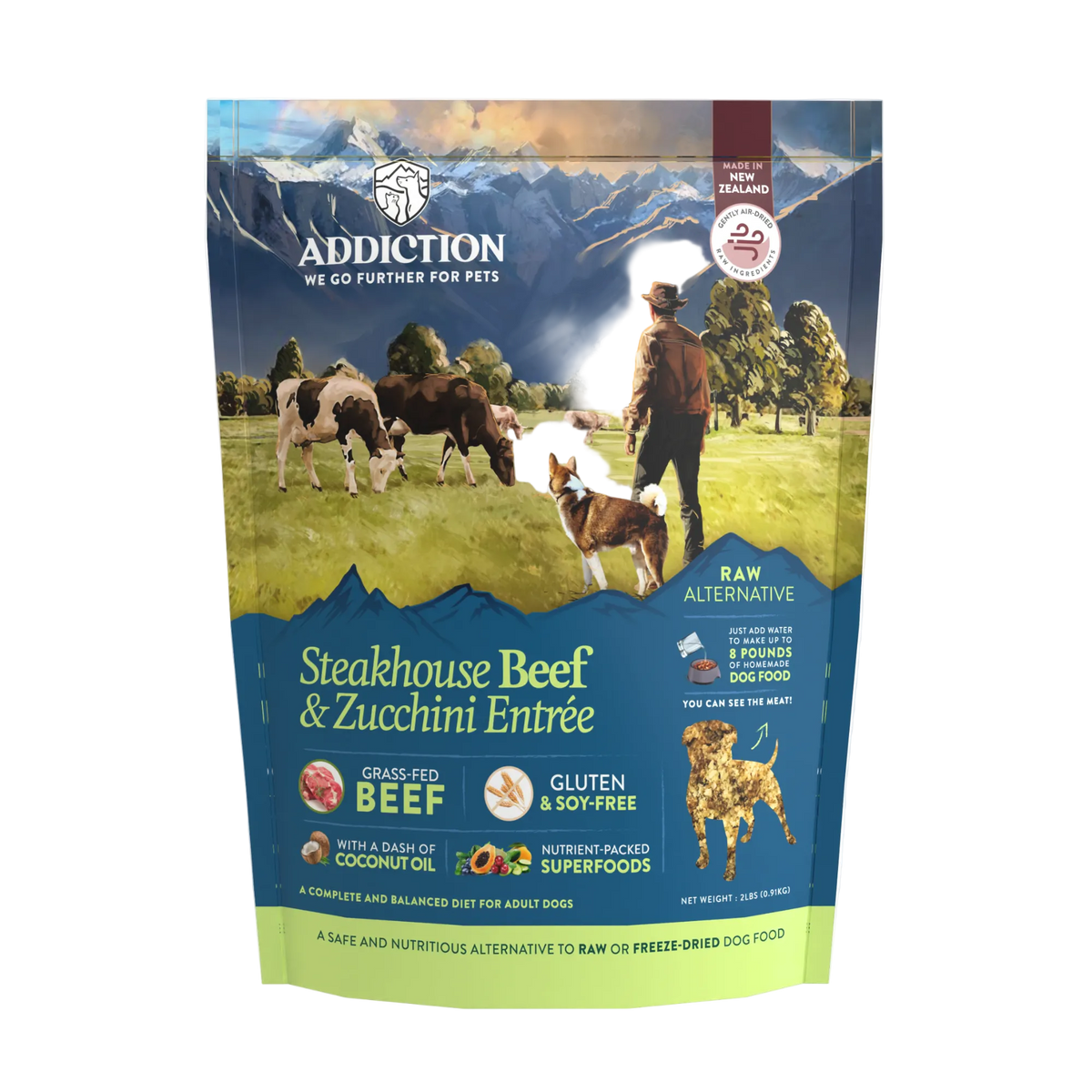 Addiction Steakhouse Beef and Zucchini Entree air-dried dog food bag, front