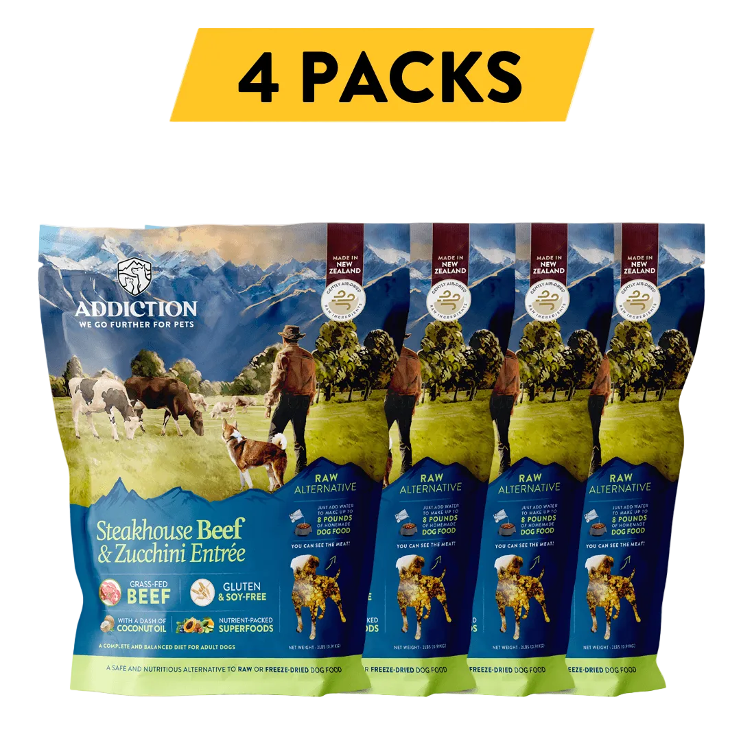 Four packs of Steakhouse Beef and Zucchini Entree air-dried dog food