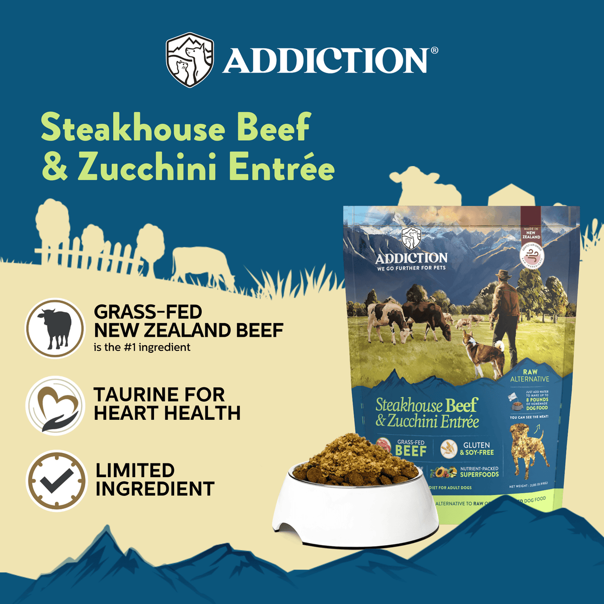 Steakhouse Beef and Zucchini Entree key benefits graphic with bowl of air-dried food
