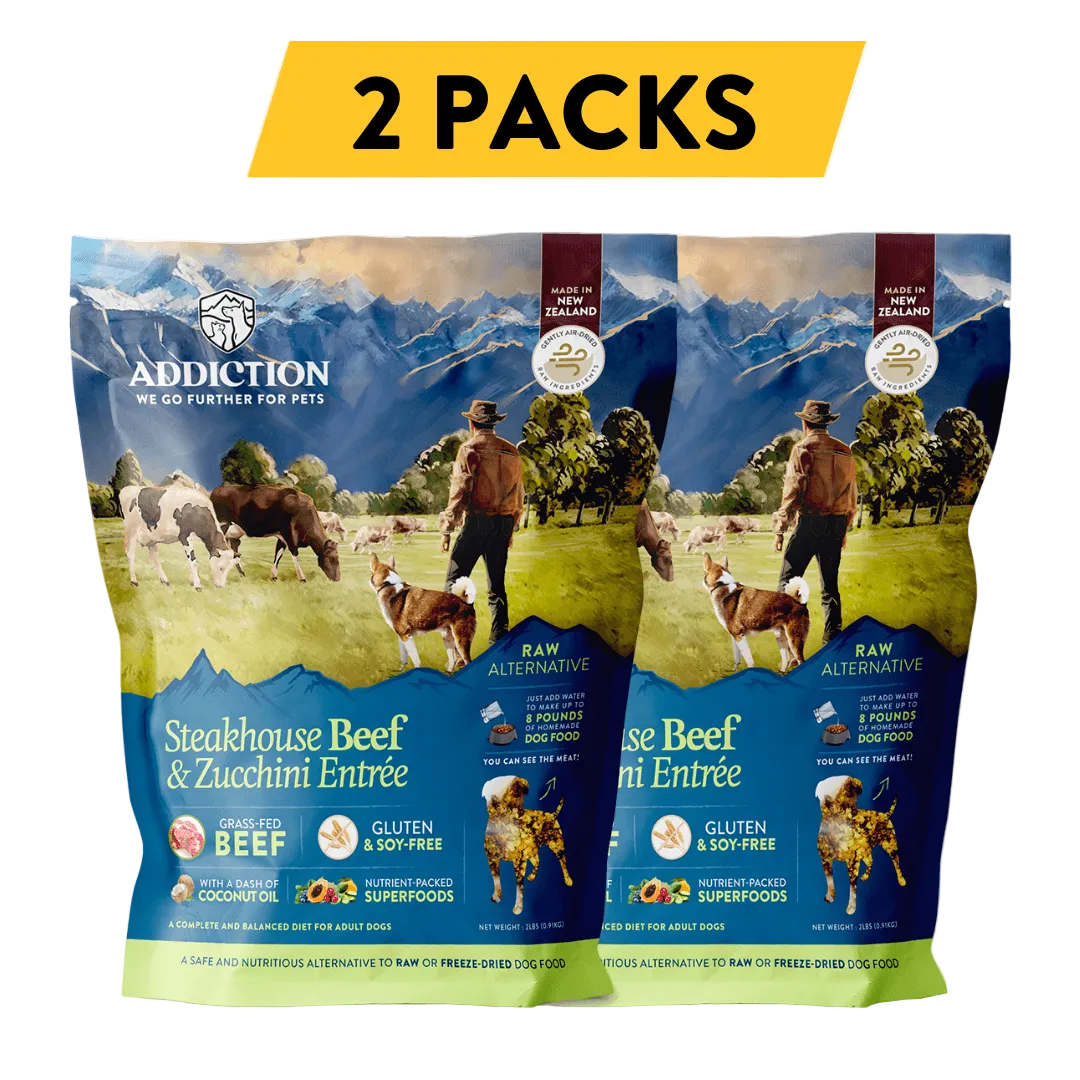 Two packs of Steakhouse Beef and Zucchini Entree air-dried dog food
