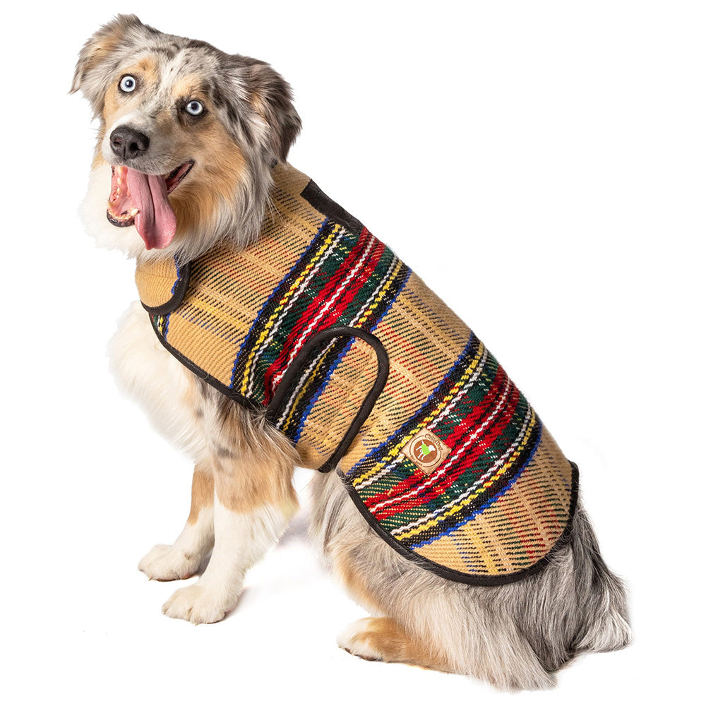 Tan Tartan Plaid Blanket Dog Coat Fleece Lined with Harness Hole – photo 1 of 5