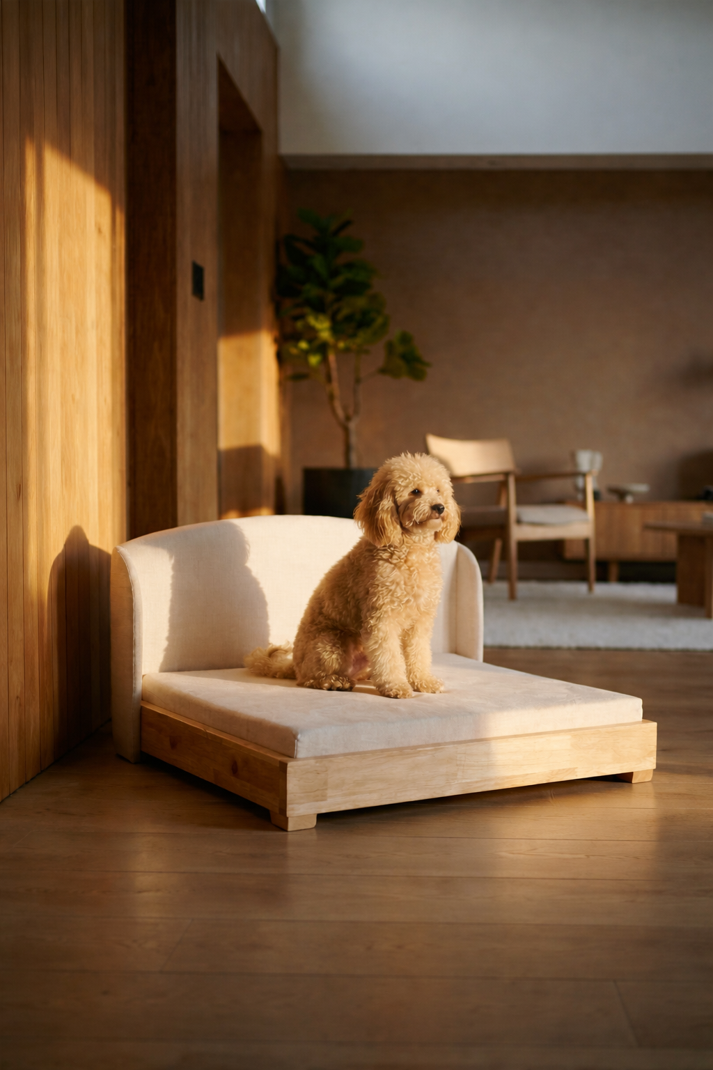 The Haven orthopedic dog bed beside a sofa